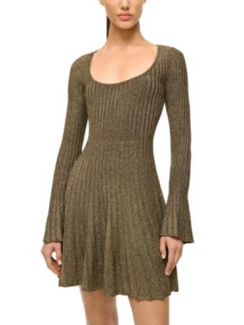 STAUD Metallic Olive Ribbed Long-Sleeve Scoop Dress - Picture 1 of 4